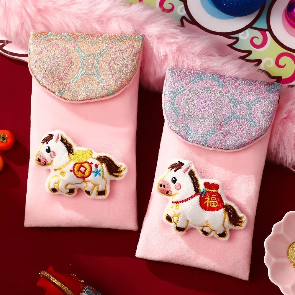 

Тканевый красный конверт в китайском стиле, традиционный красный карман с героями мультфильмов, лучшие пожелания, 2026 год лошади, сумка для денег на удачу