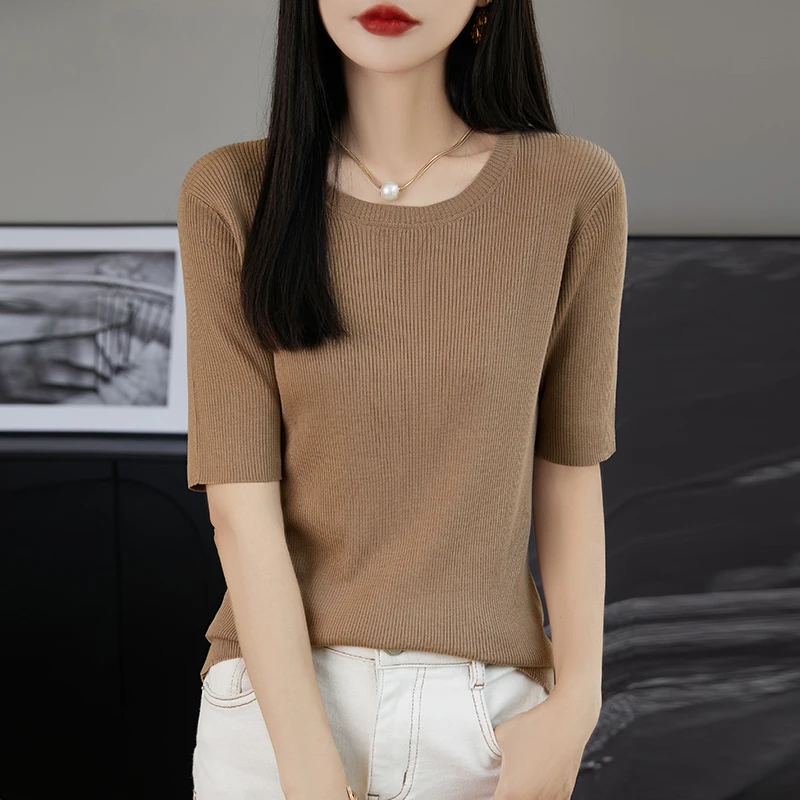 Women Silk Knit Thin Tops 2024 New Classic Summer Wild Short Sleeve T-shirts Female Slim Fashion O-neck High-grade Basic Shirt