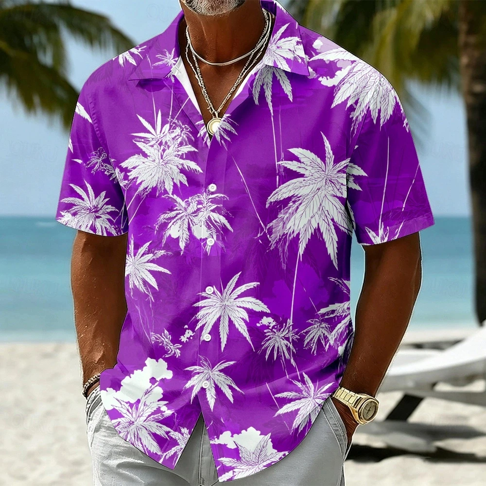 Mens Bright Green White Palm Tree Print Camp Collar Short Sleeve Button Casual Hawaiian Beach Vacation Shirt