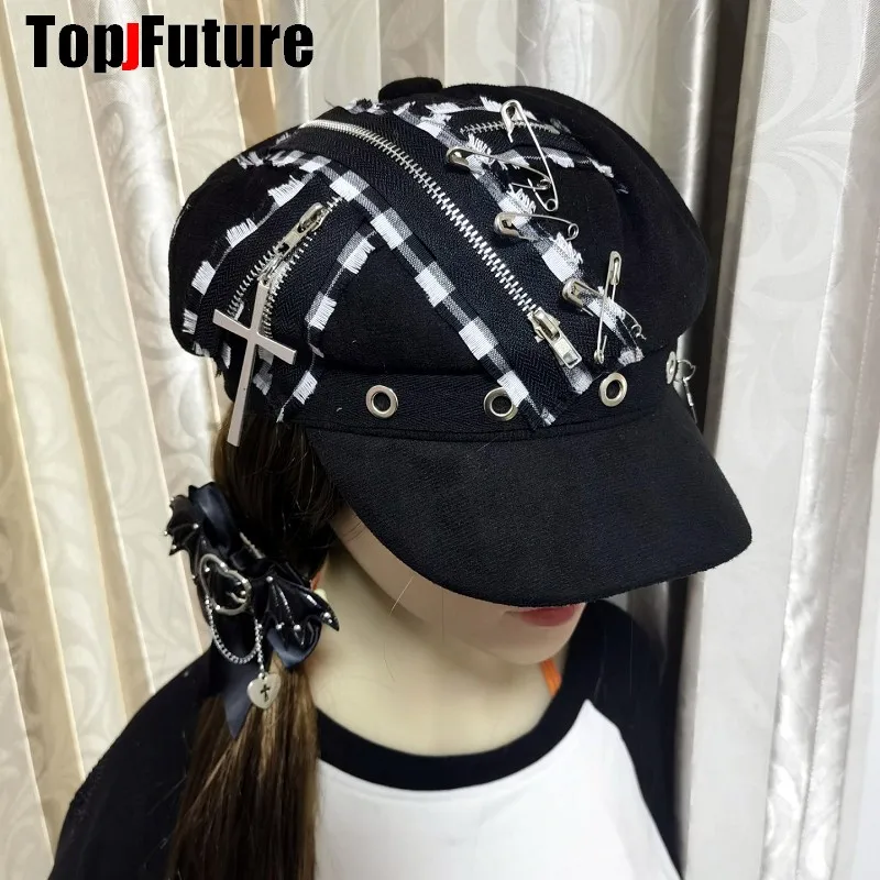 Wholesale Custom Make Customized Women Harajuku Gothic Lolita Beret hat Cap Y2K Girl Steampunk Punk zipper handmake Sun hats