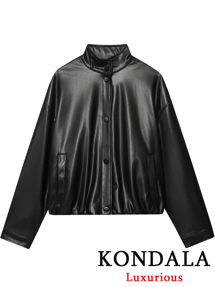 

KONDALA Casual Chic Bomber Jacket Solid Leather Button Turtleneck Pockets Long Sleeve Short Coats Fashion 2025 Autumn Coats