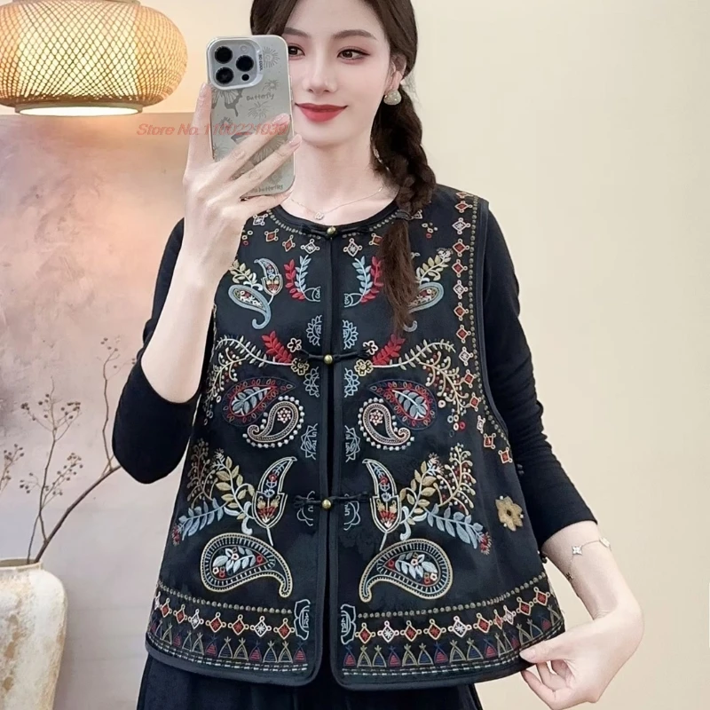 2025 الصينية خمر hanfu القمم الرجعية الساتان الجاكار س الرقبة سترة الوطنية زهرة التطريز جاكيت بلا إكمام سترة الشعبية العرقية #1