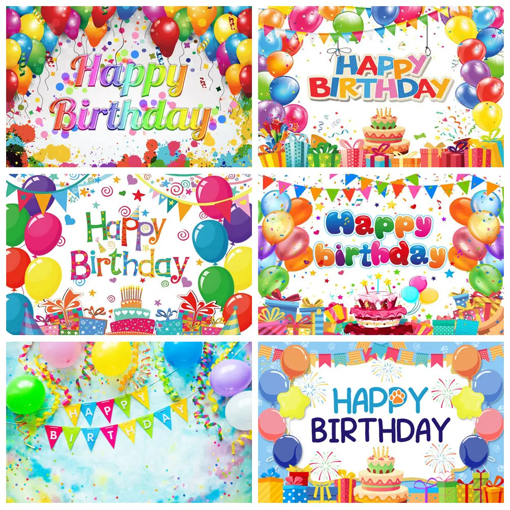 

Happy Baby Birthday Party Photography Backdrop Colorful Balloons Flag Gift Girls Boys Birthday Cake Table Decor Photo Background