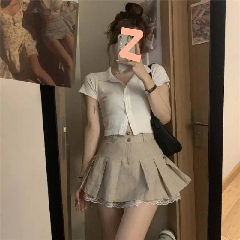 

Summer Lace Trim Pleated Skirts Women Preppy Style Khaki High Waist Skirt Girl Teens Harajuku School Uniform Mini Skirt