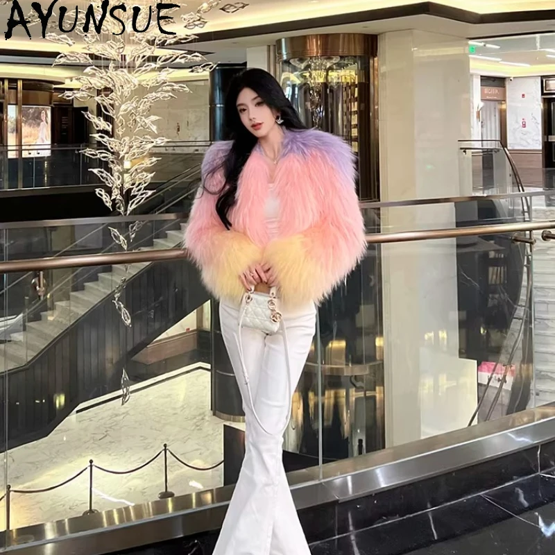 AYUNSUE Płaszcz z futra szopa pracza Damski Kolorowe Okrycie Wierzchnie Długi Rękaw Ciepłe Płaszcze Futrzane Luksusowa Odzież Damska Zimowy Manteau Femme