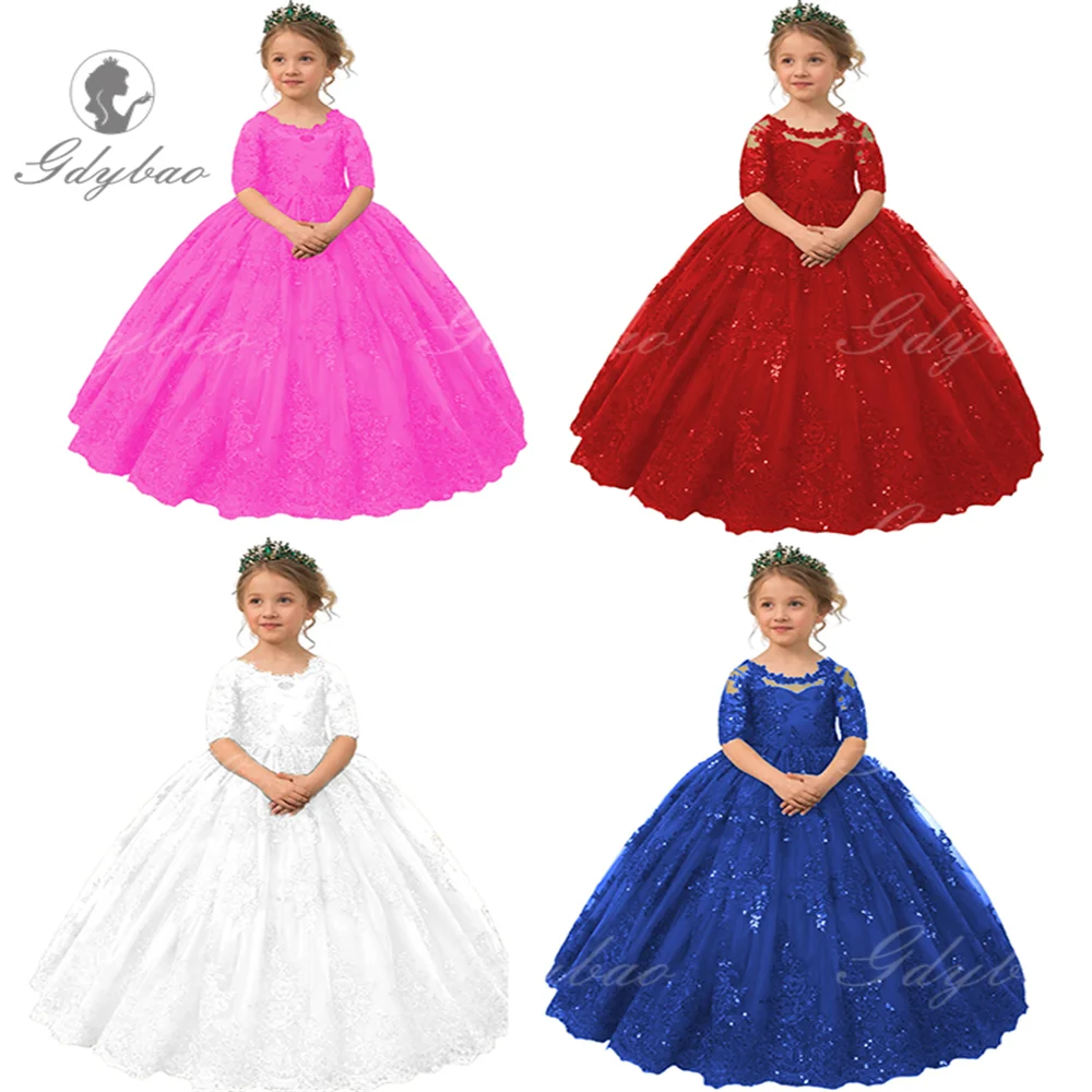 

Hot Pink Princess Pageant Children's Bridesmaid Dresses Flower Girl Dress Lace Appliques First Communion for Wedding Toddler