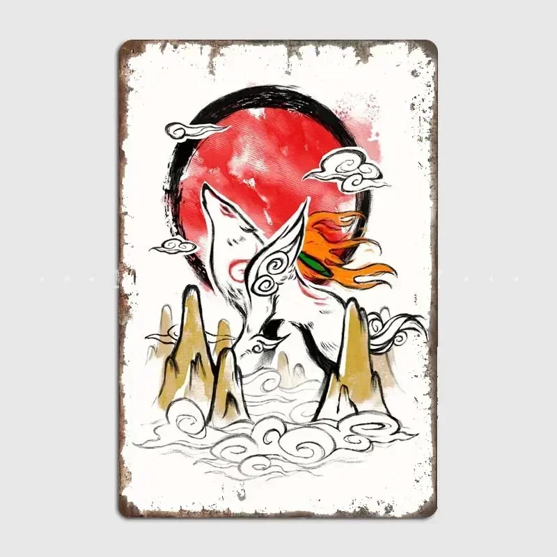 Okami Ink Cartoon Design Tin Sign for Room Wall Decor, Unique and Humorous Style, Perfect Gift for Friends and Family