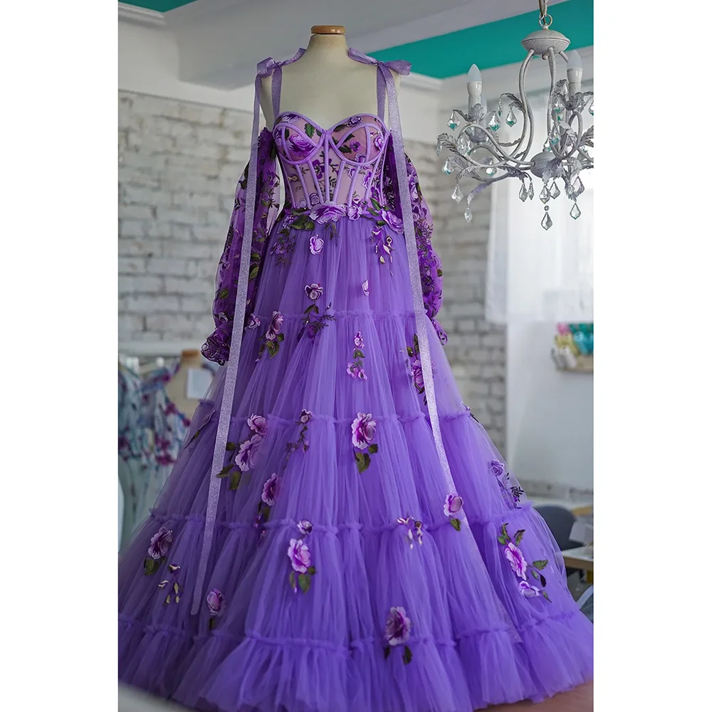 Lila Verstellbaren Trägern Gebunden Bogen Prom Kleid Schatz Tüll Kleid Layered Tüll Abendkleid A-Line Floral Kleid Spitze-Up zurück