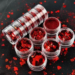 6Boxes/Set Red Love Heart Nail Glitter Sequins Mixed Red Powder Flakes Valentine's Day Paillette DIY Nail Decoration Accessories