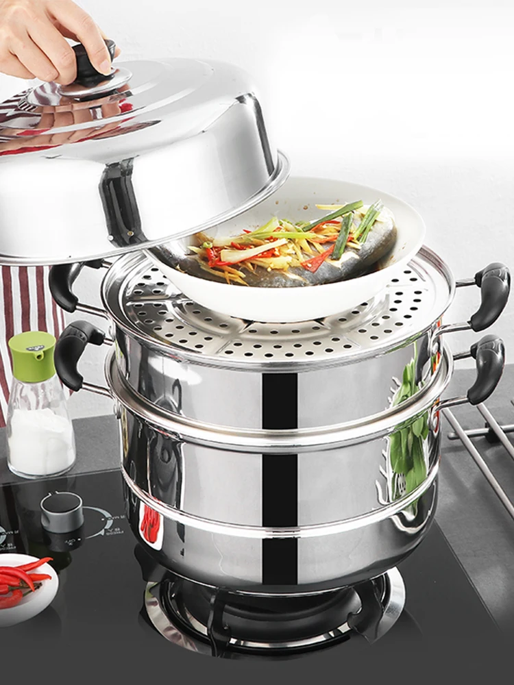 Stainless Steamer Three-Layer Steamed Bread Steamer Thickened Two-Layer Household Small Gas Stove Pot  with Cover Single Bottom