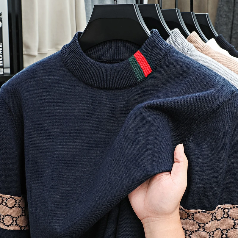 

Designer Quality Men's Knitted Sweater Thickened Half High Collar Jacquard Long Sleeve Base Shirt Winter Interior Warm Menswear