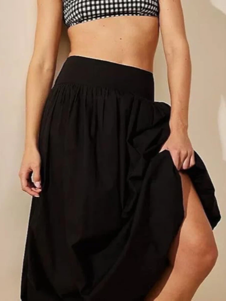 2025 new European and American style Amazon women's skirts with pockets, pleated, elastic waist, lantern skirt, Instagrammable