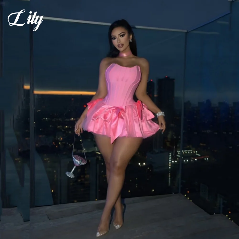 

Lily Pink Satin Mini Skirt Prom Dresses Strapless Sexy Cocktail Dress with Fishbone Graduation Bow Night Party Gown Customized