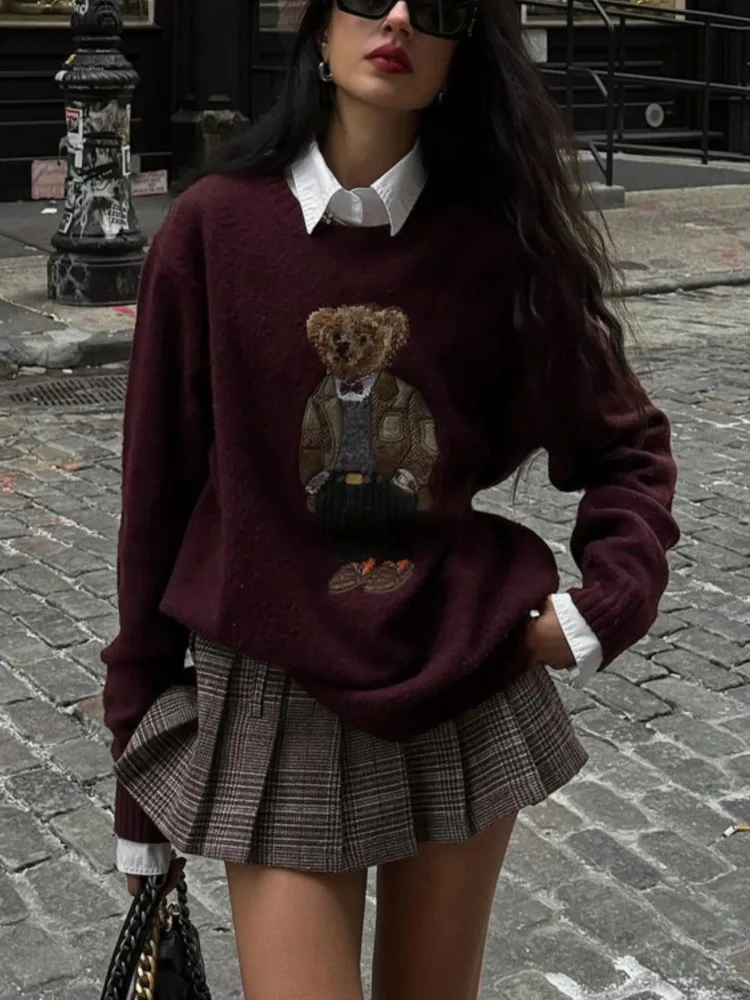 

New Autumn Winter Bear Embroidery Slim Fit Long Sleeve Women Sweater, Vintage Warm Knitwear, Preppy Style Y2k Chic Pullover Tops