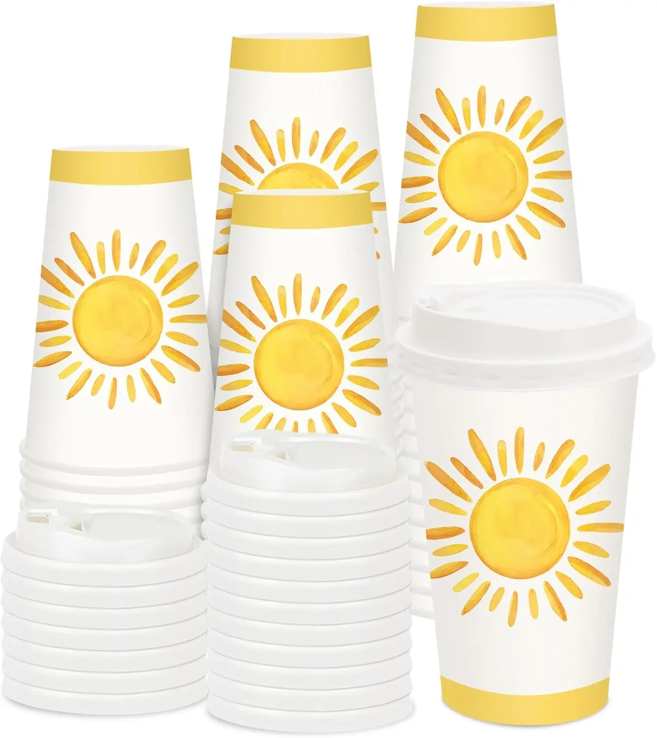 

50 комплектов кофейных чашек Boho Sun с крышками, желтые бумажные стаканчики Sunshine на 16 унций, одноразовые одноразовые кофе для первой поездки вокруг солнца