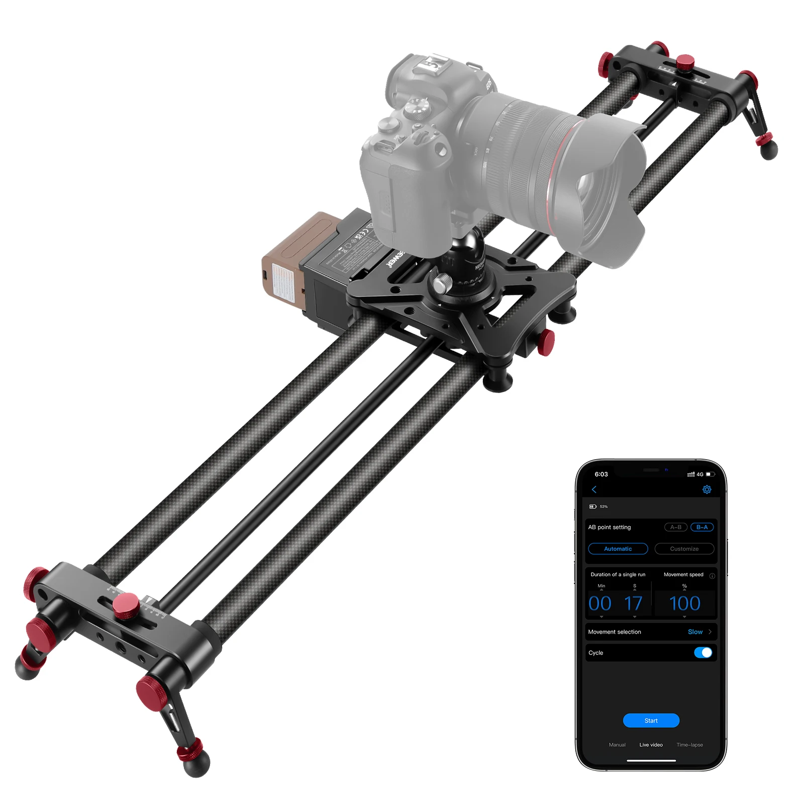 NEEWER 80 cm gemotoriseerde cameraschuif, app draadloze bediening DSLR koolstofvezel Dolly Rail Slider, ondersteuning videomodus - afbeelding 2