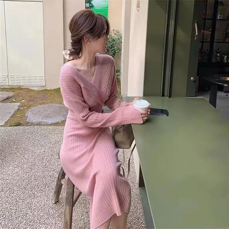 

Women Maxi Dresses Knit Sweater Long Dress Autumn Casual Long Sleeve V-neck Party Dress