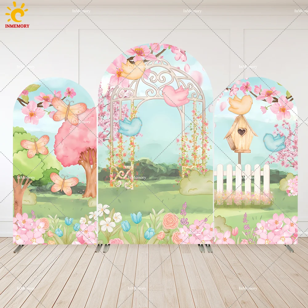 

Flower Spring Garden Arch Backdrop Cover Birdcage Butterfly Girls Birthday Baby Shower Background Arched Wall Panels