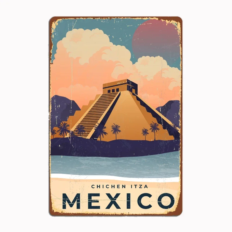 

Chichen Itza Mexico Metal Sign Mural Painting Cinema Living Room Cinema Funny Tin Poster Retro Man Cave Home Tavern