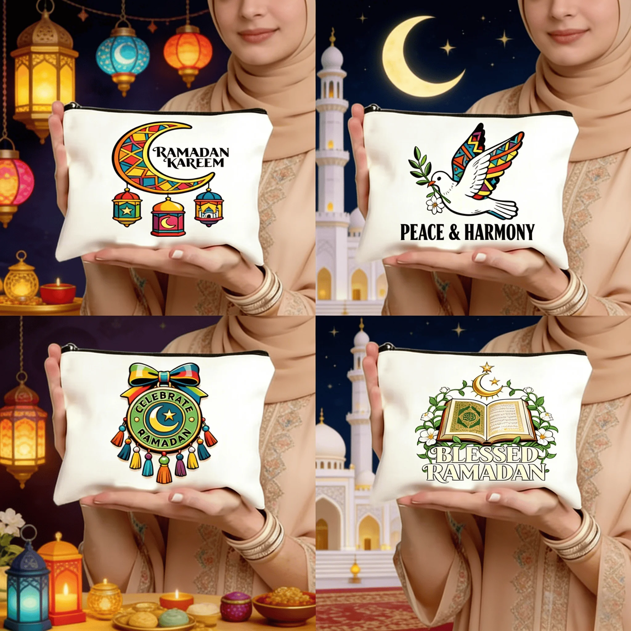 

1 Ramadan holiday element storage bag, fashionable canvas tote bag, coin purse, pencil case, multifunctional storage bag
