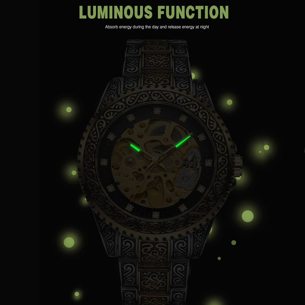 FORSINING Vintage Carving Mens Skeleton Luxury Automatic Mechanical Watches Hollow Rhinestone Dial Stainless Steel Fashion Clock