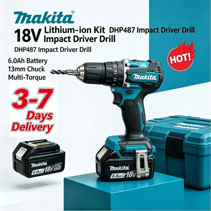Professionelles Makita DHP487 Akku-Bohrhammer-Set, bürstenloser Motor, 2-Gang-Getriebe, LED-Arbeitsleuchte, hohes Drehmoment (40 Nm) für Heimwerkerarbeiten, Reparaturen und Bauarbeiten.