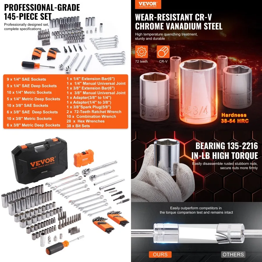 

VEVOR Mechanics Tool Set and Socket Set 1 4" and 3 8" Drive Deep and Standard Sockets 145 Pcs SAE and Metric Mechanic Tool Kit