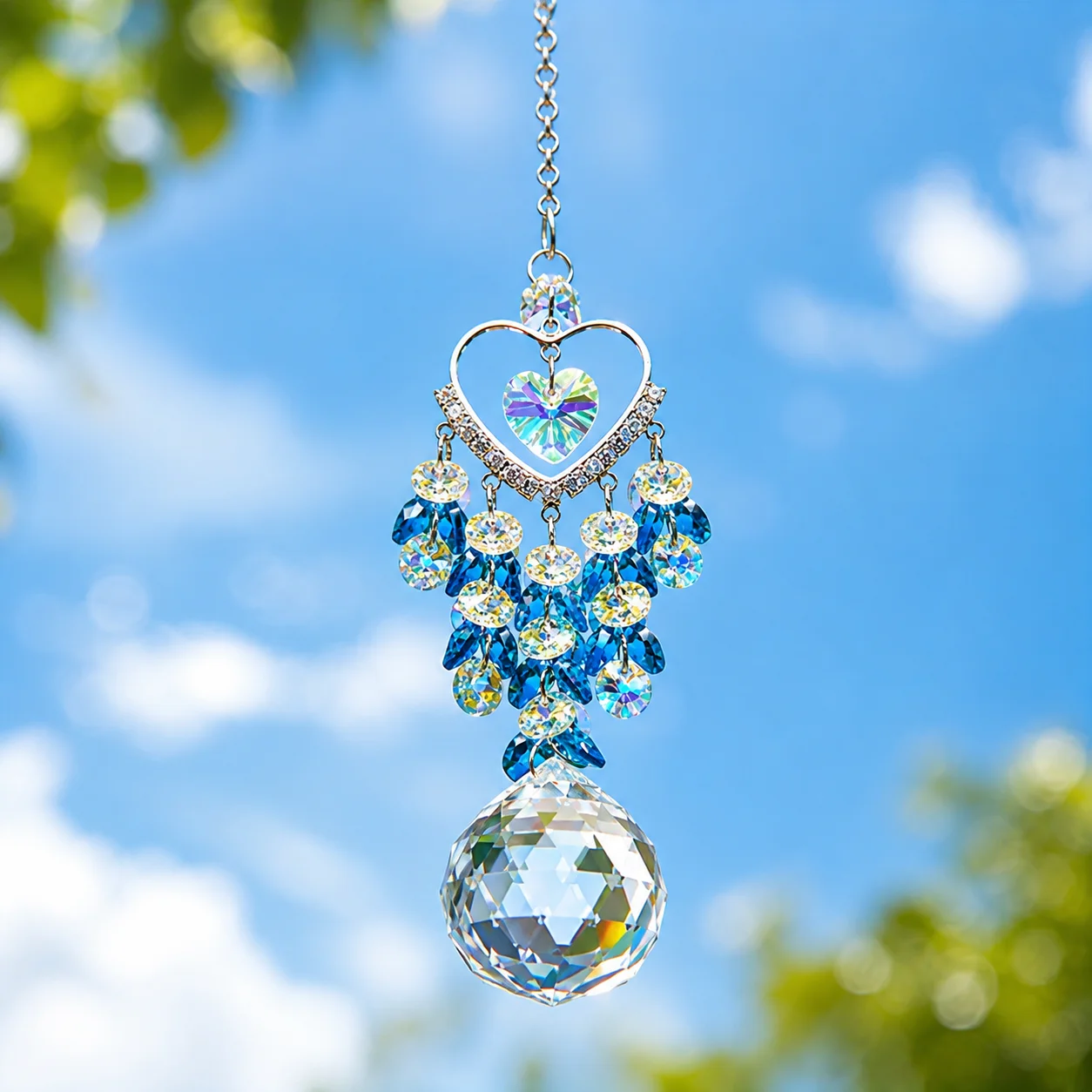 Heart Crystal Sun Catcher Hanging Prism Ornament with Blue Beads for Window Garden Home Decor