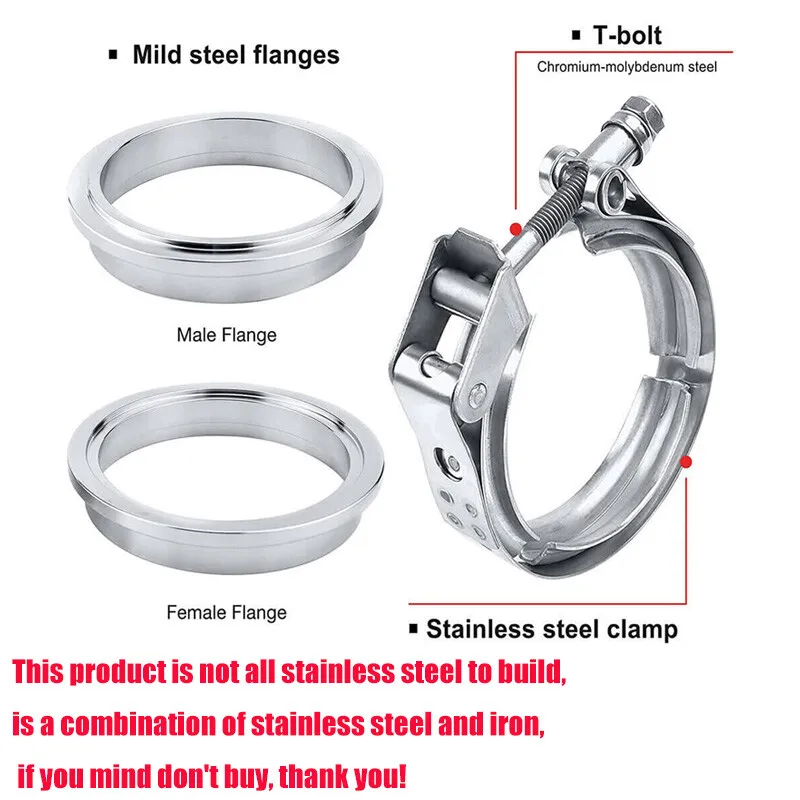 Kit de flange e braçadeira de banda V de 2,5 "polegadas macho/fêmea com exaustão Ridge inoxidável 4 peças