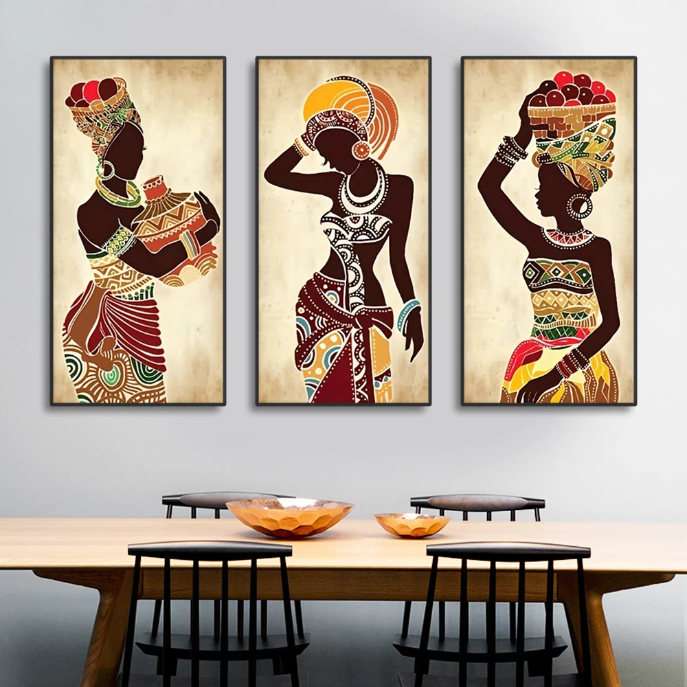 Pintura en lienzo de mujer negra africana étnica, arte de pared Vintage, impresiones de figuras para sala de estar, cuadros decorativos de pared, 3 uds.