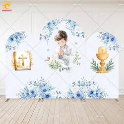 My First Communion Arch Backdrop Cover God Bless Boy Decoration Party Christening Gold Cross Angel Baby Shower Party Arched Wall