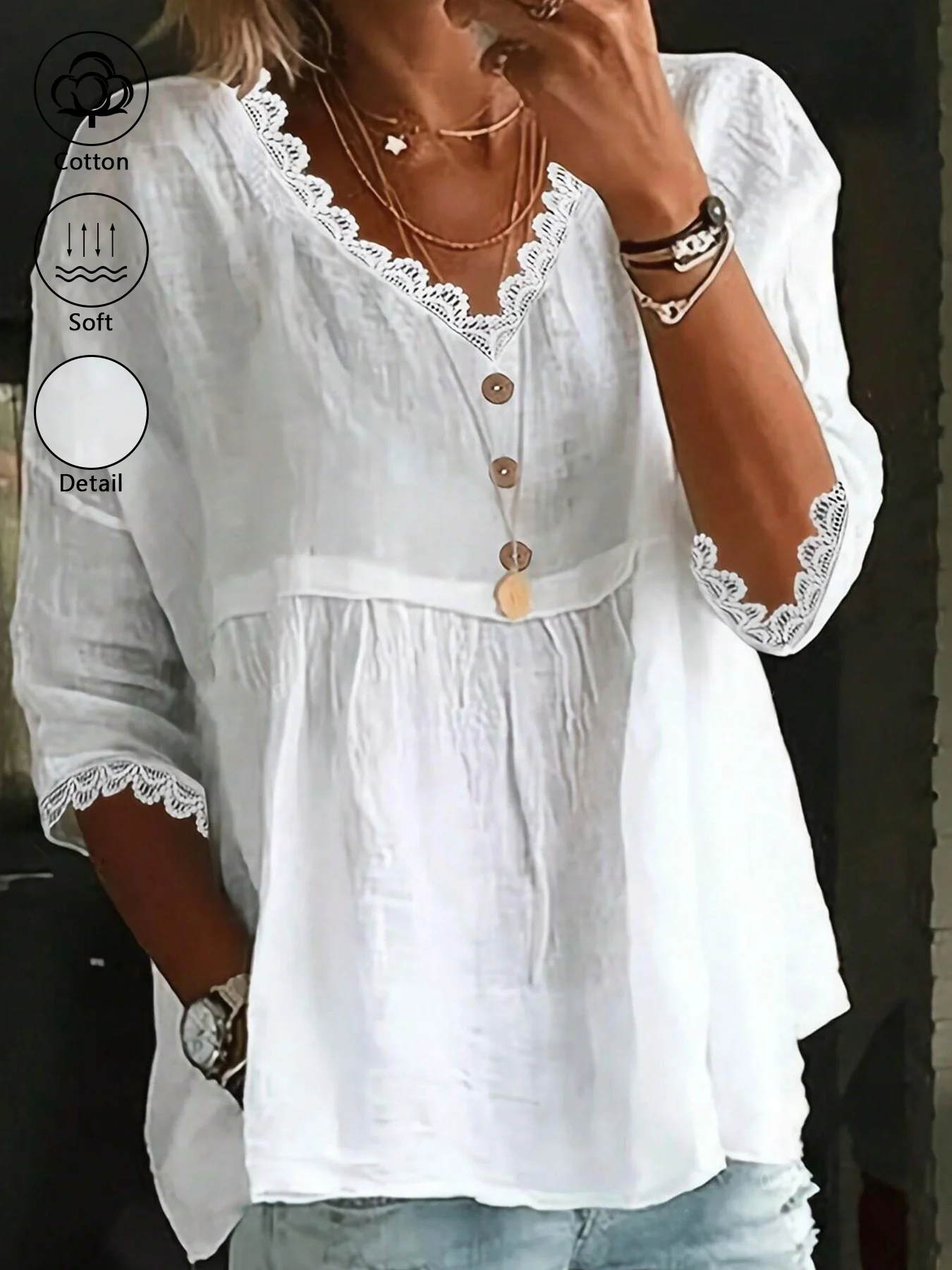 Women's Plus-Size 100% Cotton Casual 3/4-Sleeve Shirt Featuring Lace Trim, V-Neck, and Twisted Button Detail on Cuffs