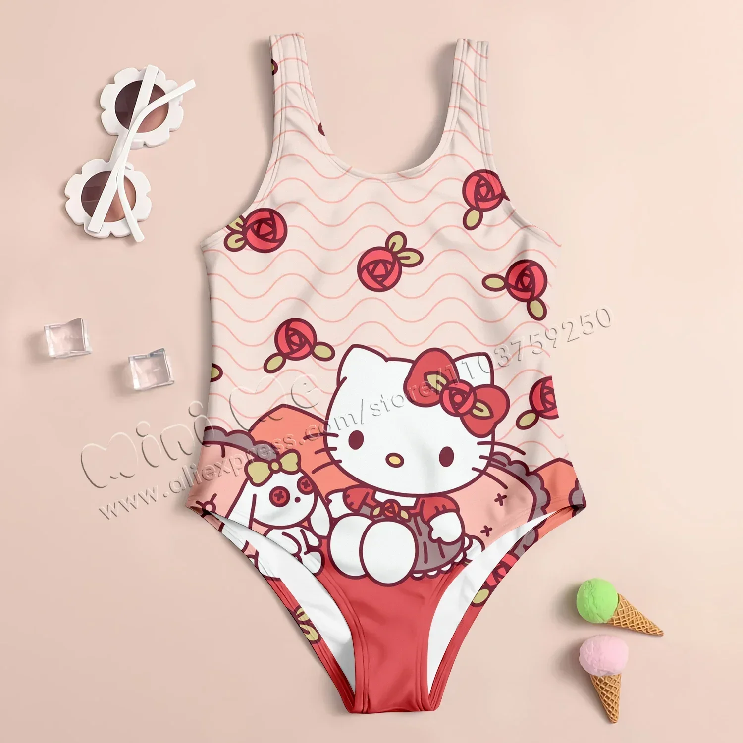 

MINISO New Girl Summer One-Piece Swimsuit Fashion Cartoon Cute Melody & Hellokitty Print Women Swimwear Sleeveless Swim Clothing