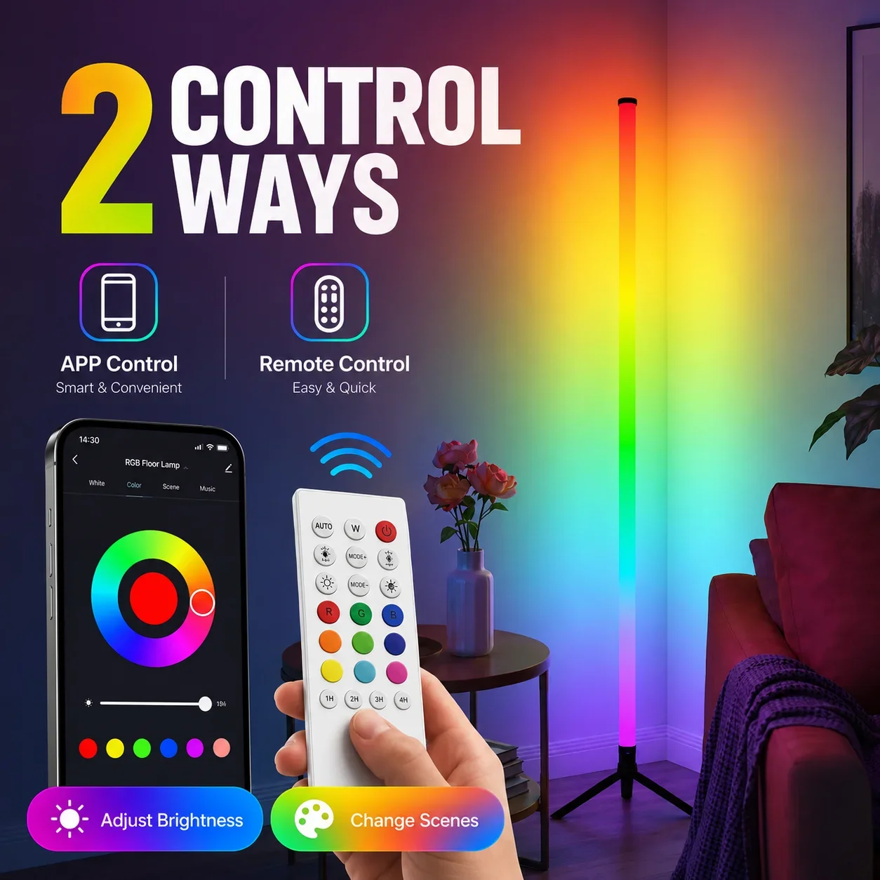 RGB LED Floor Lamp Smart Corner Light with Remote APP Control Music Sync Color Changing Standing Lamp for Gaming Room Bedroom Li