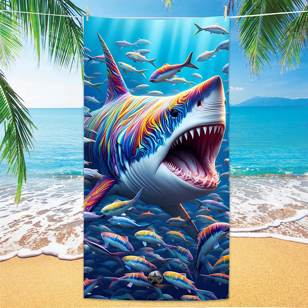Shark Pattern Beach Towel, Digital Printing Thin Quick-Dry Anti-Sand Microfiber Lightweight for Swim Yoga Travel Gym Gift