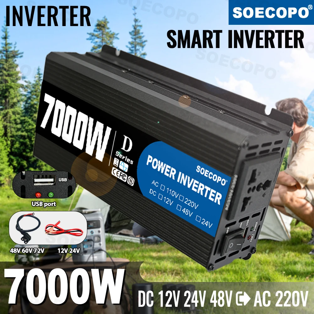 SOECOPO 7000W Car Smart Inverter DC 12V/24V/48V to AC 220V Converter Comes with USB Ports 5V Perfect for Camping Car Accessories