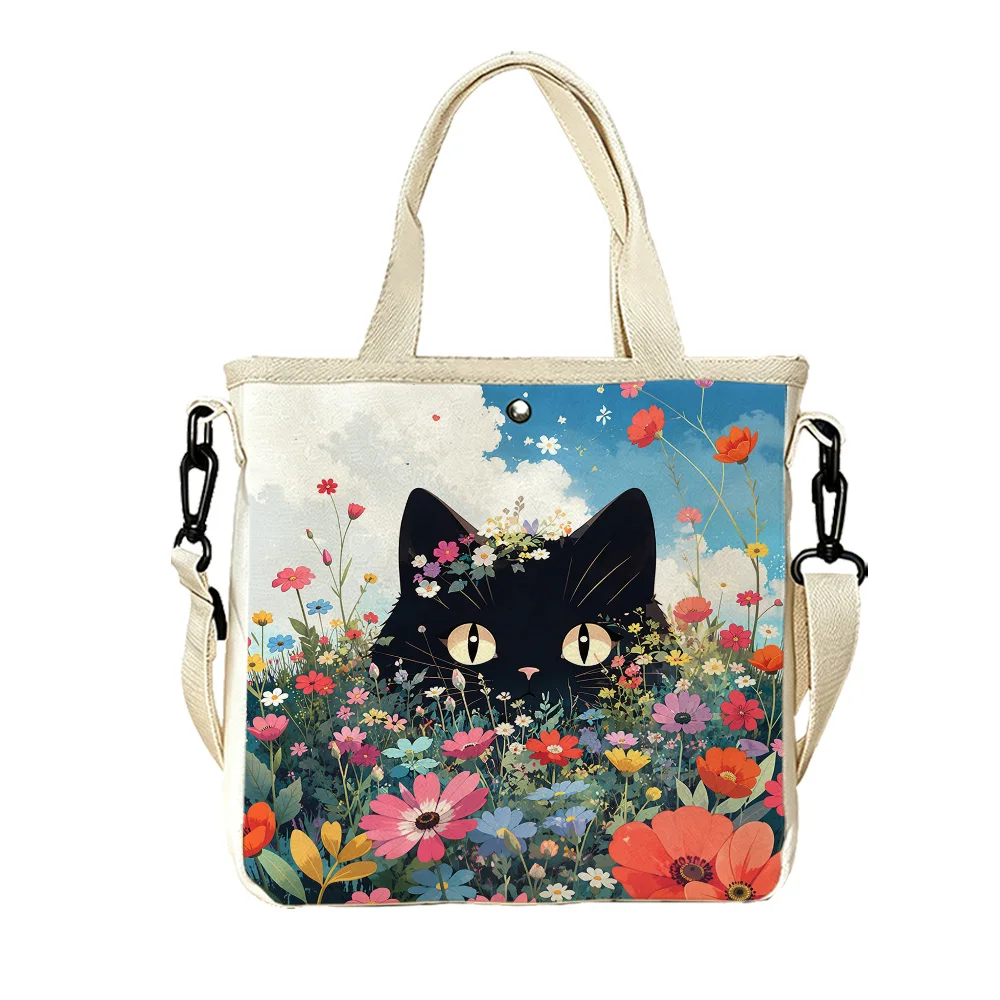Black cat among flowers Double-Sided Printed Canvas Tote Bag Removable Convertible Crossbody Strap for Women Campus Life