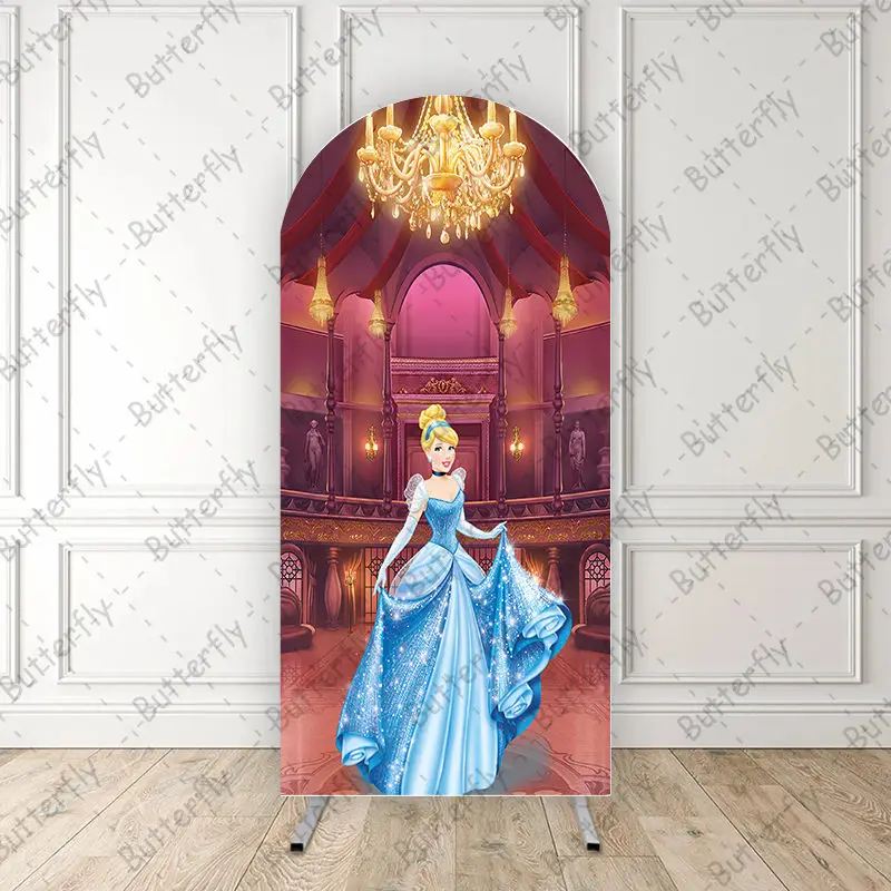 

Red Retro Castle Cinderella Blue Dress Princess Custom Disney Arch Backdrop Cover Girls Birthday Party Background Decoration