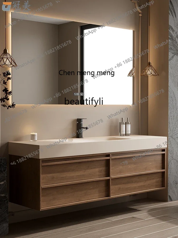 New arrive Retro medieval style Corian integrated basin bathroom cabinet combination, bathroom rock slab washing table, sink cus