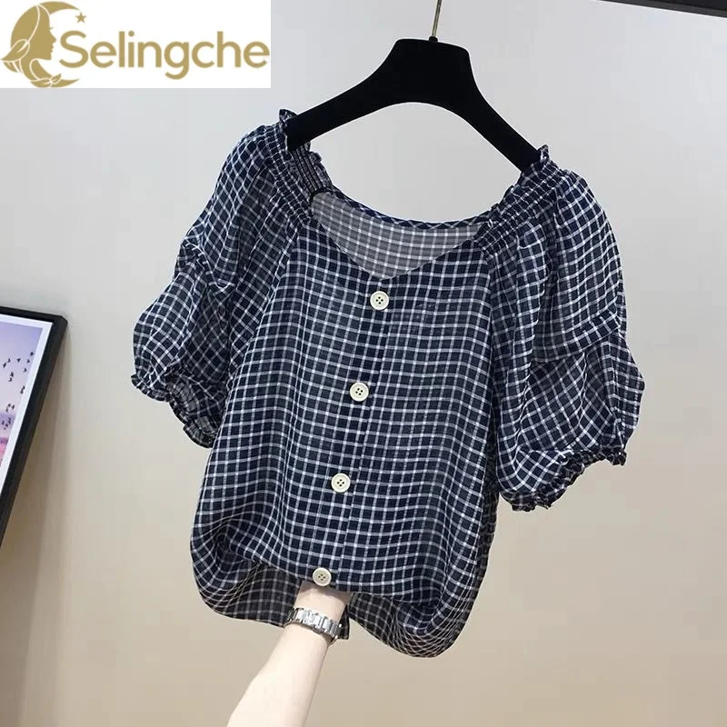 

Checkered Shirt Short Sleeved Women's Summer New Design Sense Niche Thin Loose Bubble Sleeve Age Reducing Belly Covering Top