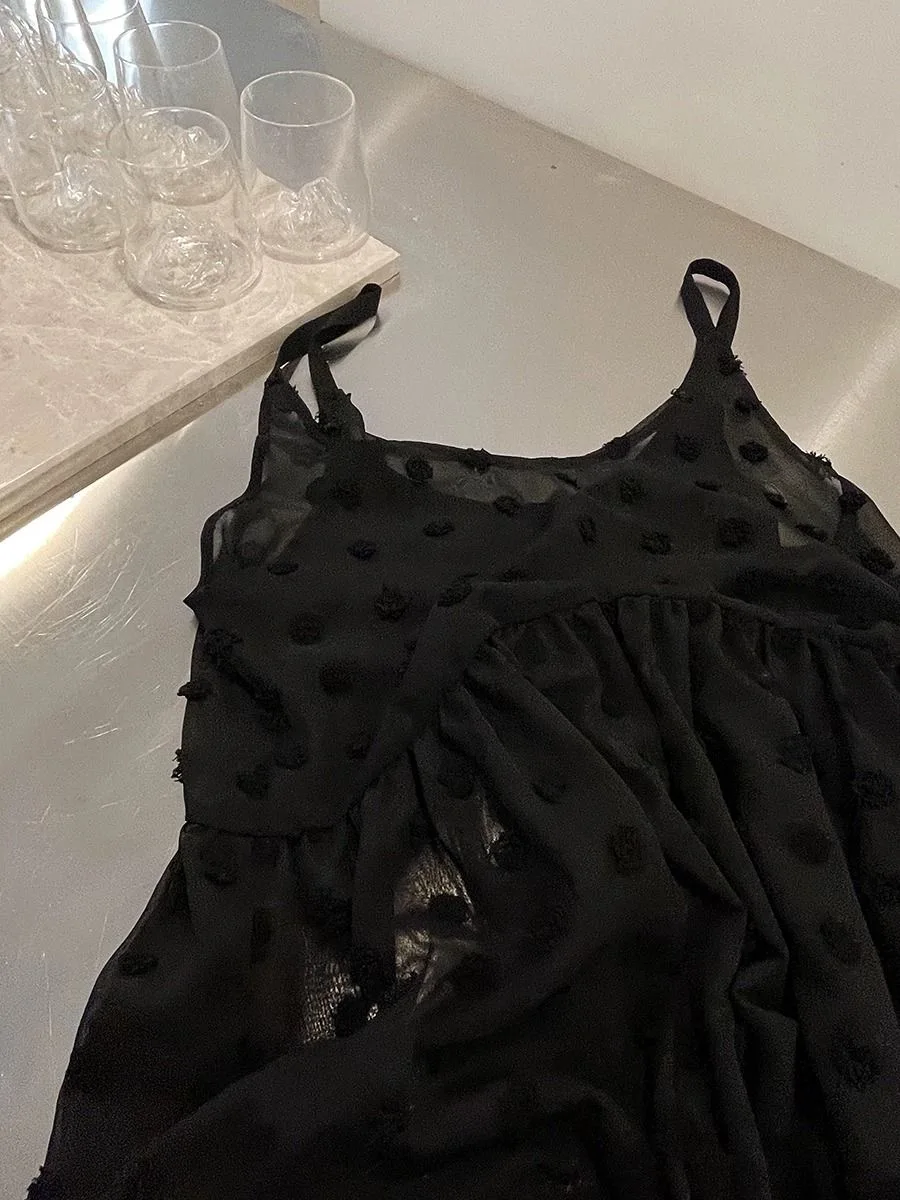 Women's Black White Chiffon Slip Dress With Dots Spring Summer One-Layer Sheer Cover-Up Sleeveless Dress Korean Fashion Ladies