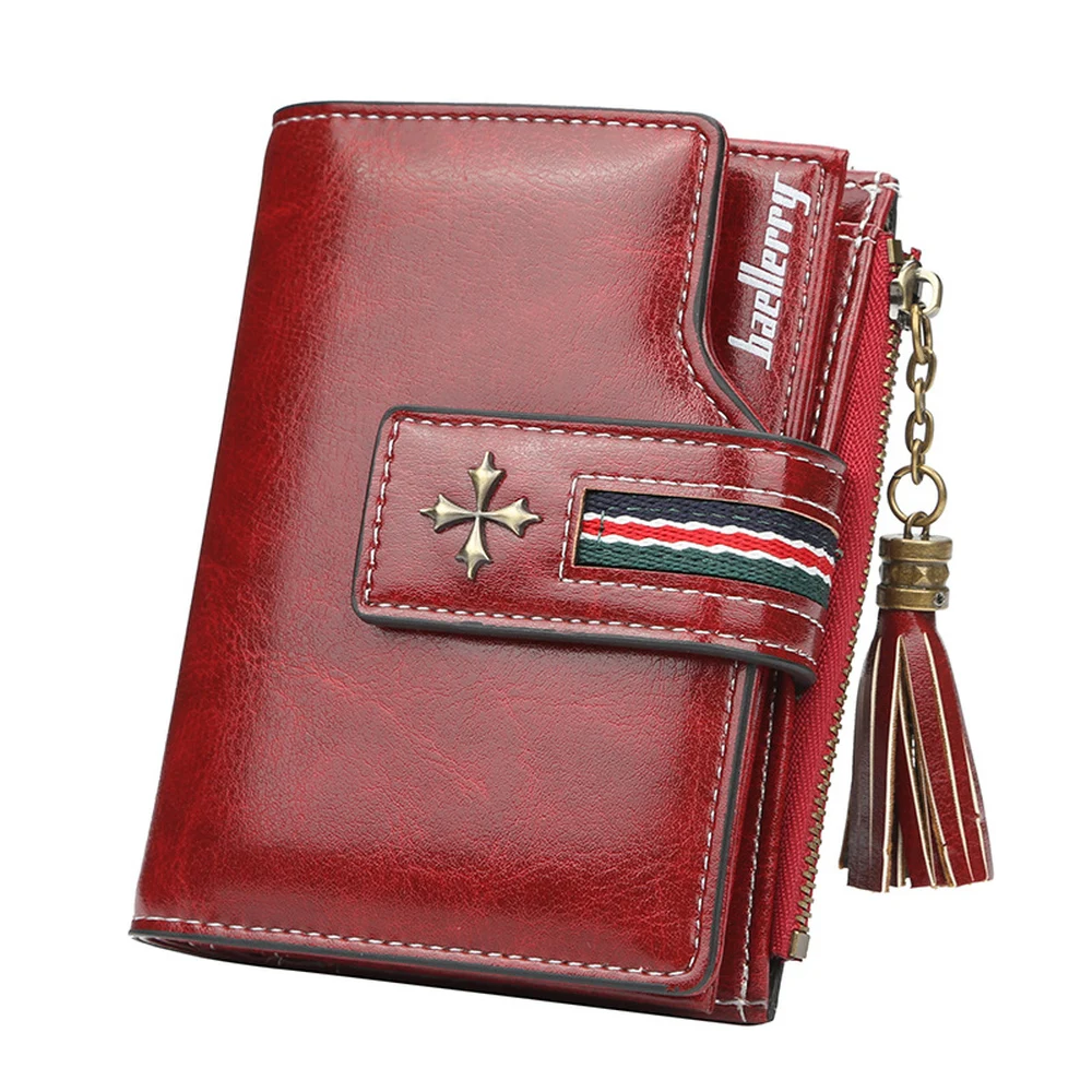 CFUN YA Women PU Bifold Wallet with Tassel Contrast Stripe Snap Tab Card Slots ID Window Note Pocket and Zip Coin Compartment