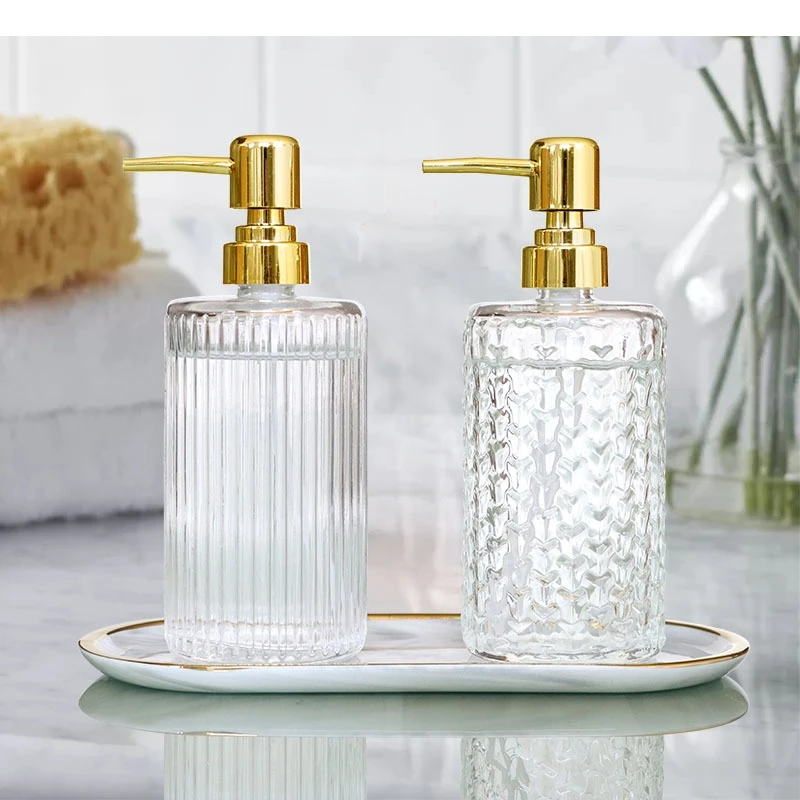 Glass Hand Sanitizer Lotion Bottle Metal Ceramic Tray Brown Yellow Push Type Shampoo Bathroom Soap Dispenser Decoration