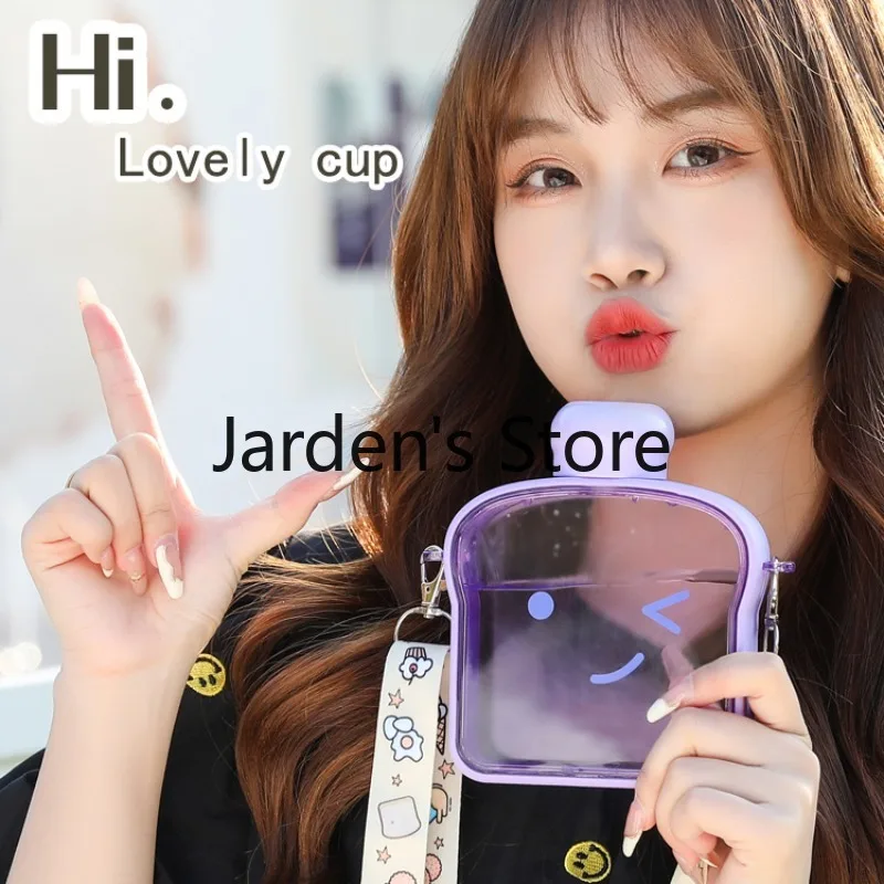 Cute water bottle funny expression bread shape design girl summer portable straight drinking mouth to send strap gift cup