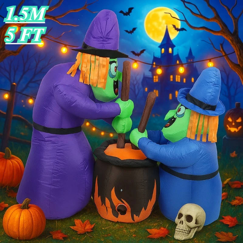 

1.5M/5FT Inflatable Toys Halloween Decoration Holiday Lighting Two Witches Built in LED Lights Party Decor Garden Courtyard Lawn