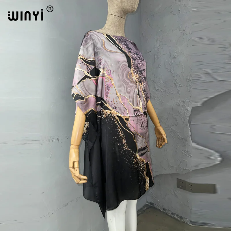 WINYI Boho fashion Print Women Beach Dress Bathing Suit Cover Up Summer For Woman Beachwear Robe de plage silk feeling Kaftan