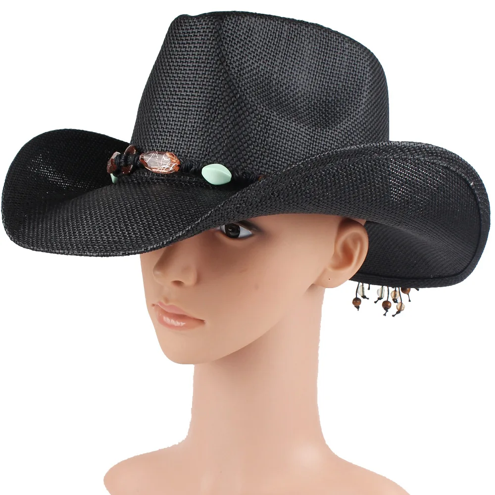 Unisex Black Straw Hat In European And American Western Cowboy Style, Curved Brim, Large Brim, Shaped Sun Hat