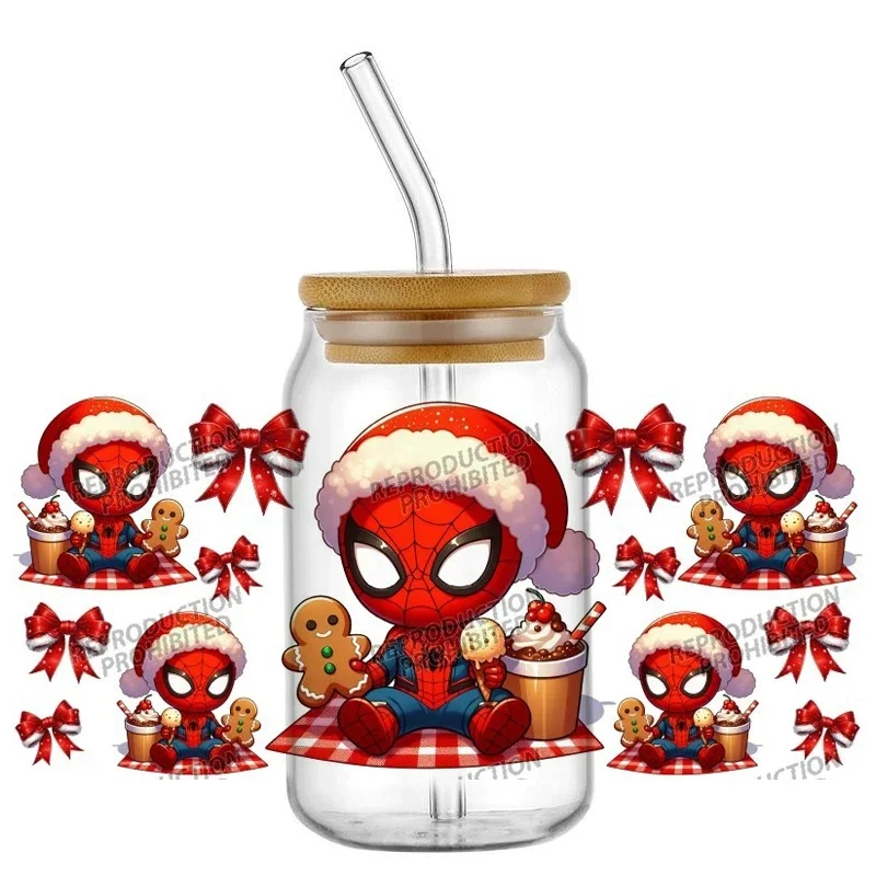 Santa Hat Chibi Spider Hero Christmas UV DTF Transfer Wraps Easy Apply Fade Proof for 16oz Glass Jar DIY Cup Stickers