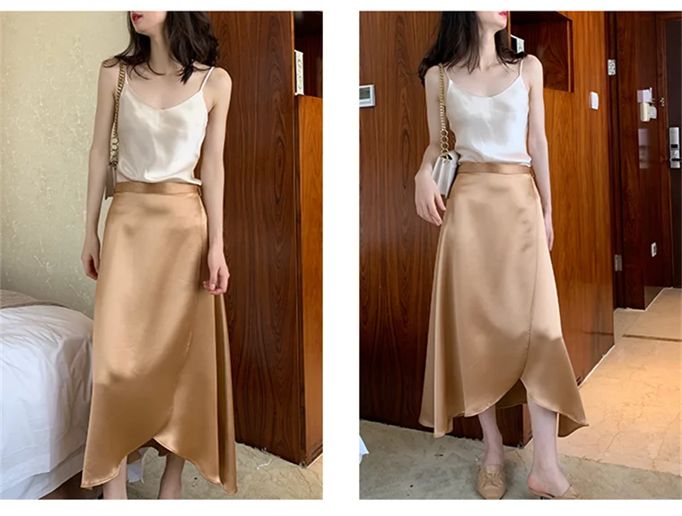 2026 Summer Lace-up One Piece Long Skirts High Waist A-Line Skirts Autumn Office Ladies Black Silk Satin Long Skirts Vestidos