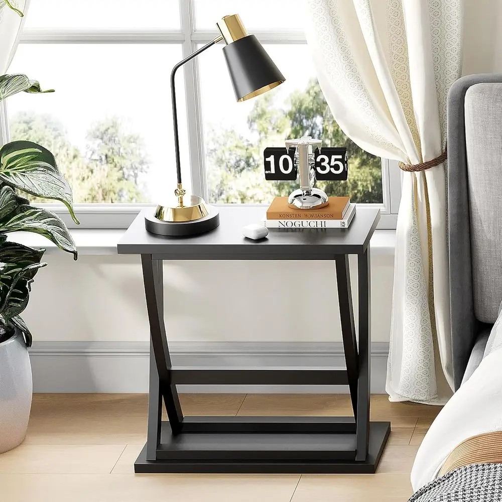 Mesa moderna com detalhes em X com prateleira, mesa lateral compacta de armazenamento para sala de estar, quarto e espaços pequenos
